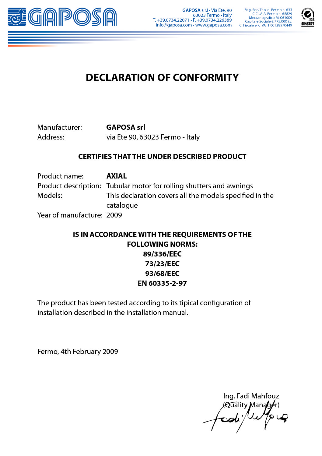 CERTIFICAZIONE CE MOTORE GAPOSA