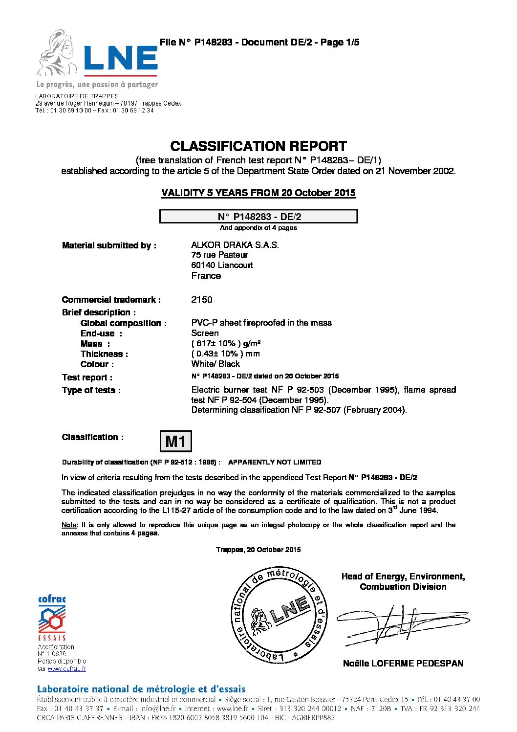 CERTIFICAZIONE IGNIFUGICITA&rsquo; M1 MWHT