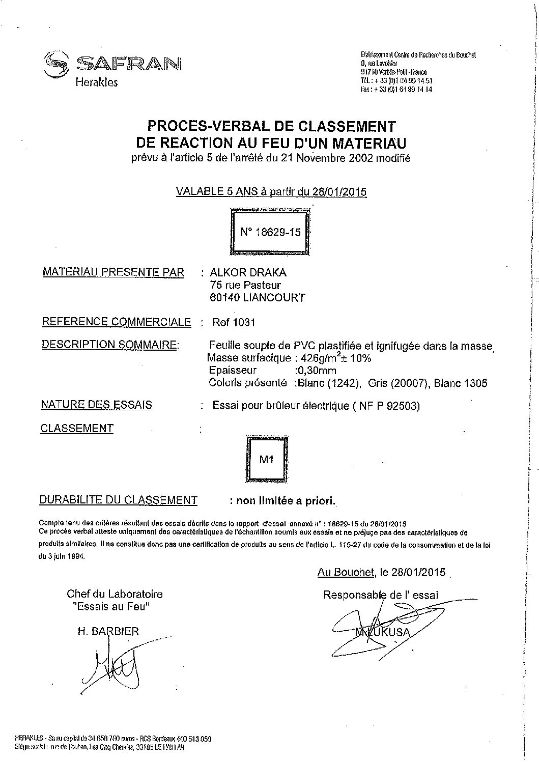 CERTIFICAZIONE IGNIFUGICITA’ M1 RRP – FTR