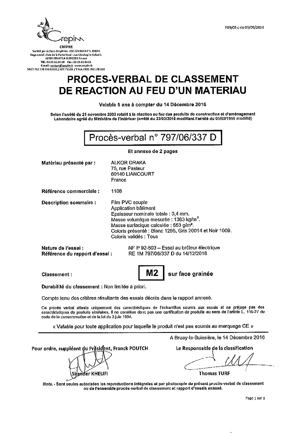 CERTIFICAZIONE IGNIFUGICITA&rsquo; M2 WHT &ndash; LGY &ndash; MCP &ndash; LGYMCP &ndash; MCF